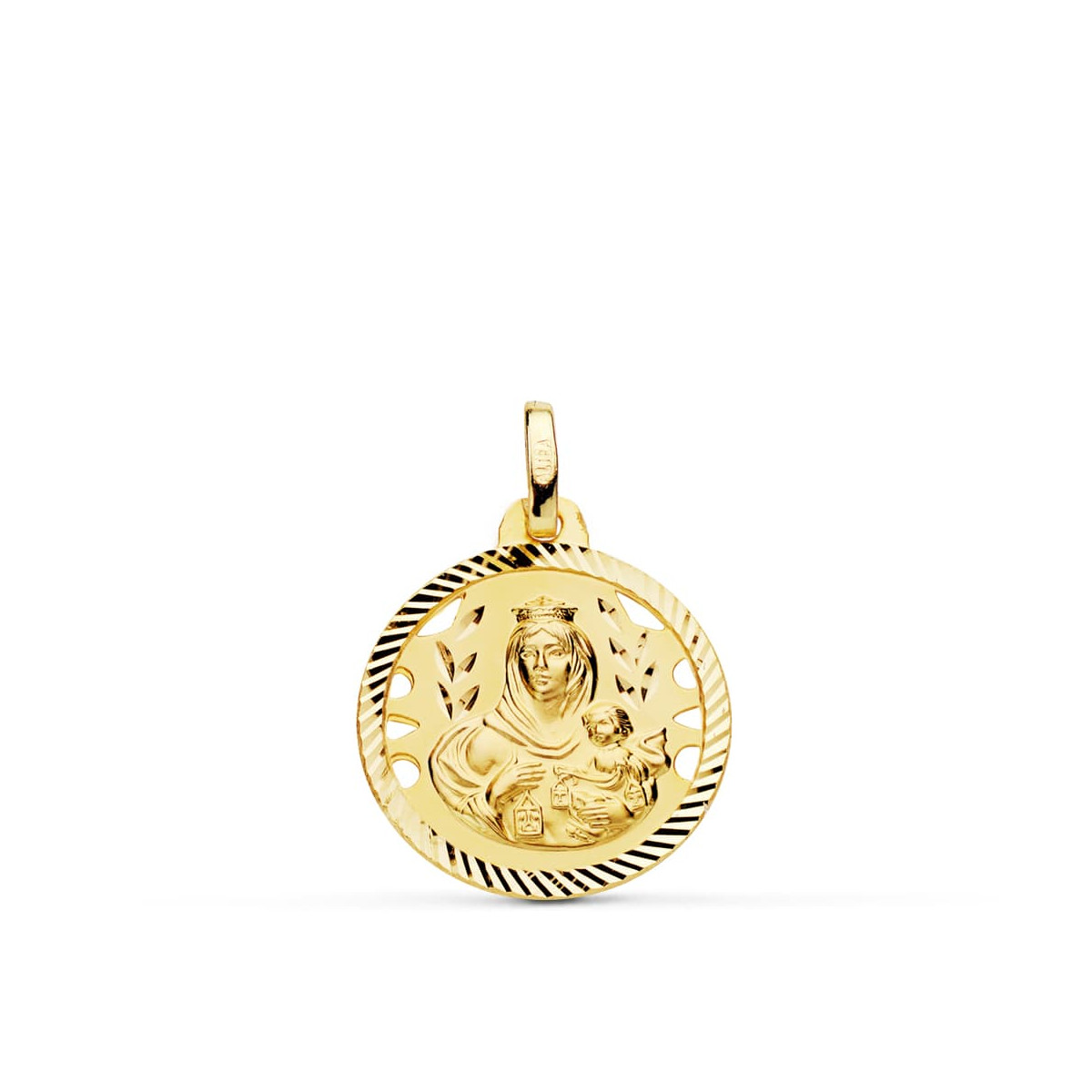 18K ESCAPULARIO ORO AMARILLO HELICE CALADO VIRGEN CARMEN Y CORAZON DE JESUS 18 MM