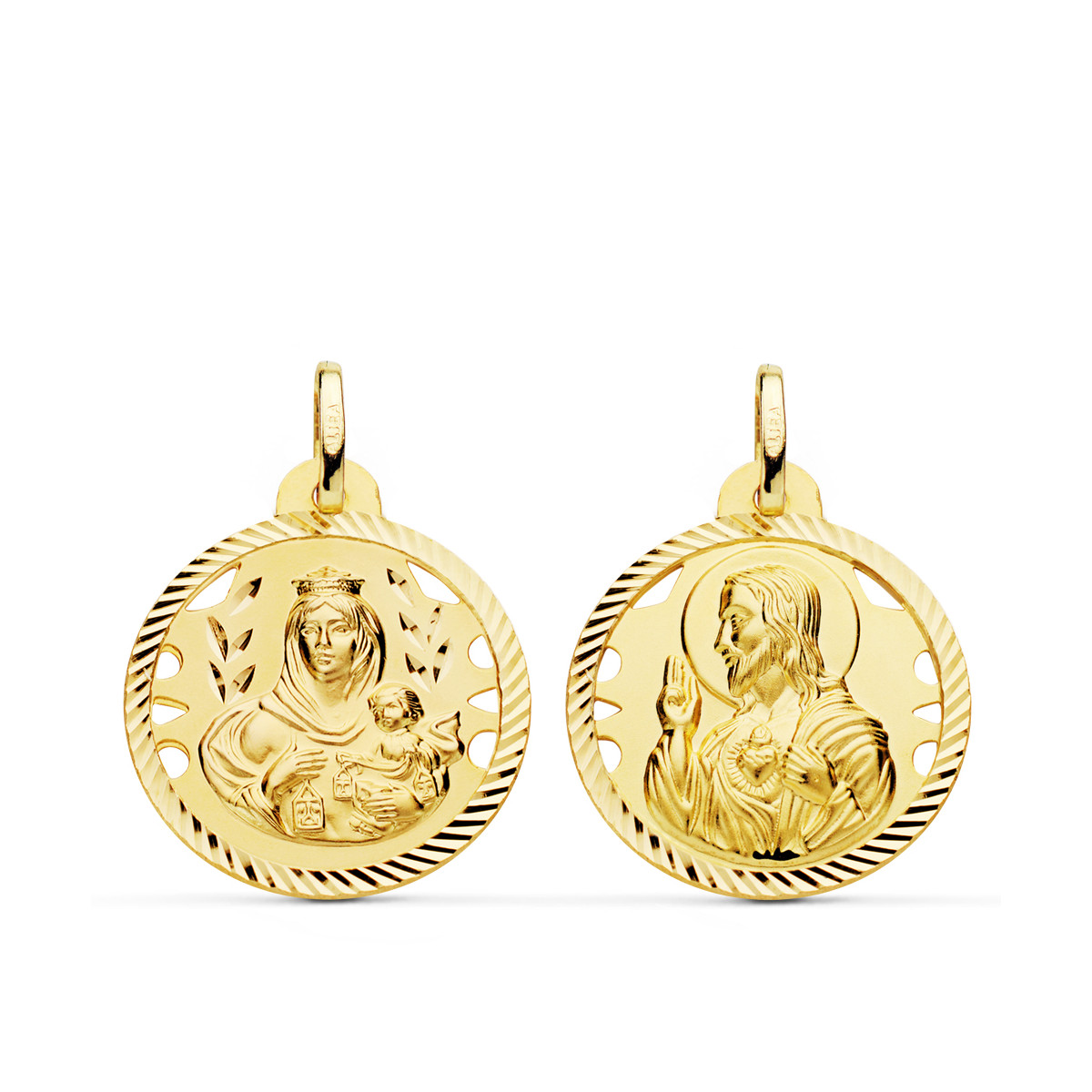 18K ESCAPULARIO ORO AMARILLO HELICE CALADO VIRGEN CARMEN Y CORAZON DE JESUS 22 MM