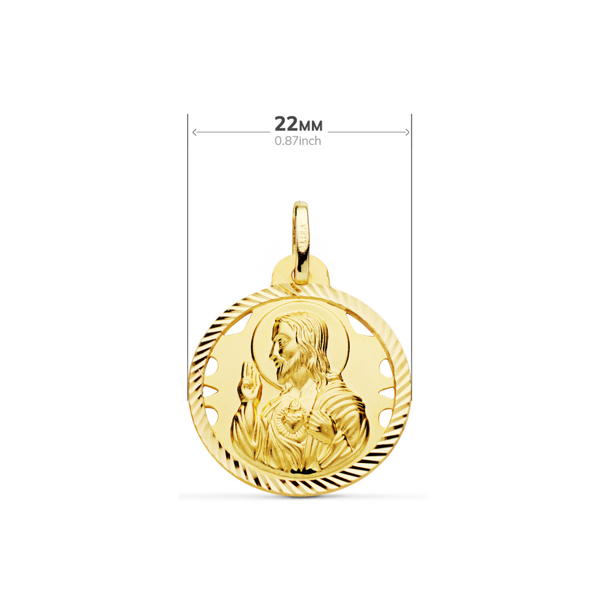 18K ESCAPULARIO ORO AMARILLO HELICE CALADO VIRGEN CARMEN Y CORAZON DE JESUS 22 MM