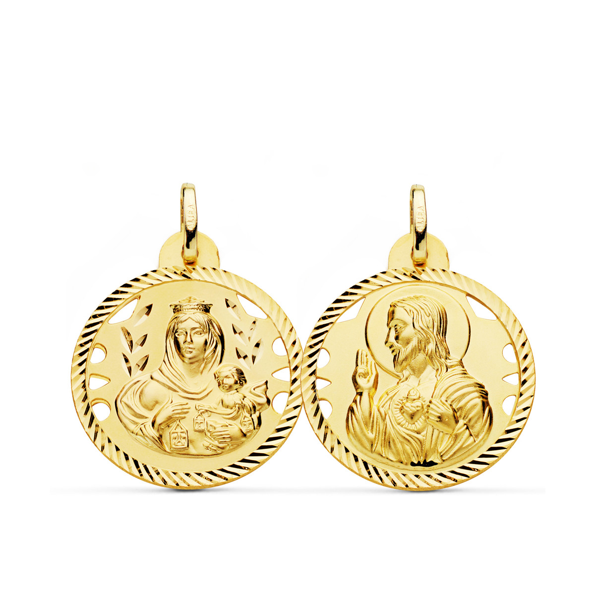 18K ESCAPULARIO ORO AMARILLO HELICE CALADO VIRGEN CARMEN Y CORAZON DE JESUS 24 MM