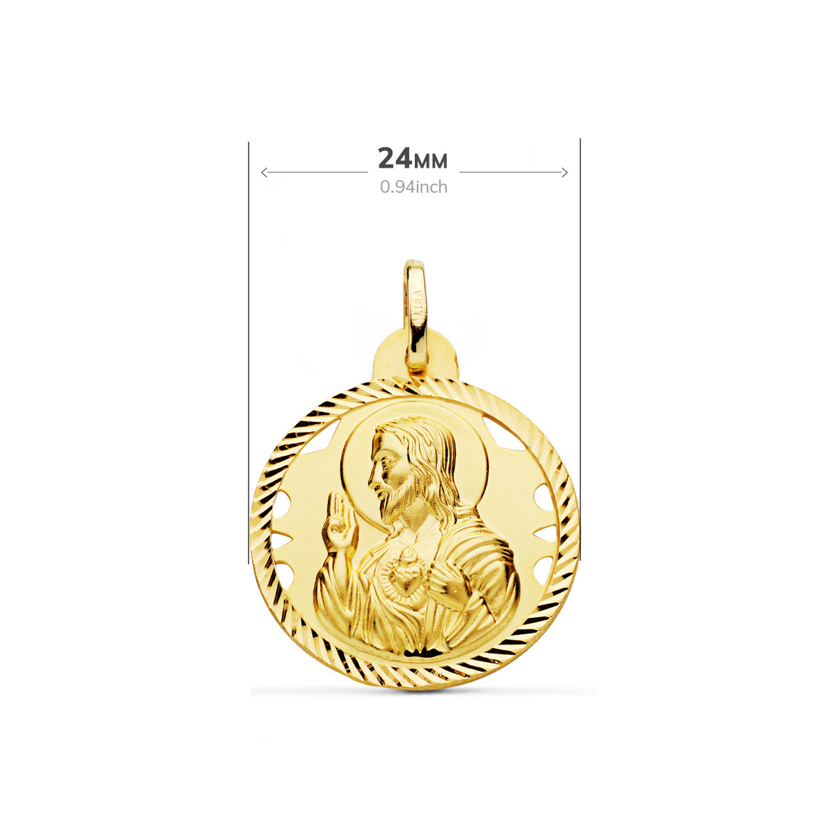 18K ESCAPULARIO ORO AMARILLO HELICE CALADO VIRGEN CARMEN Y CORAZON DE JESUS 24 MM