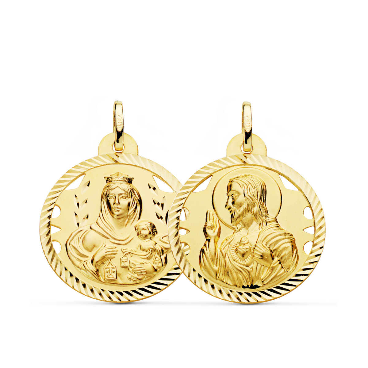 18K ESCAPULARIO ORO AMARILLO HELICE CALADO VIRGEN CARMEN Y CORAZON DE JESUS 26 MM