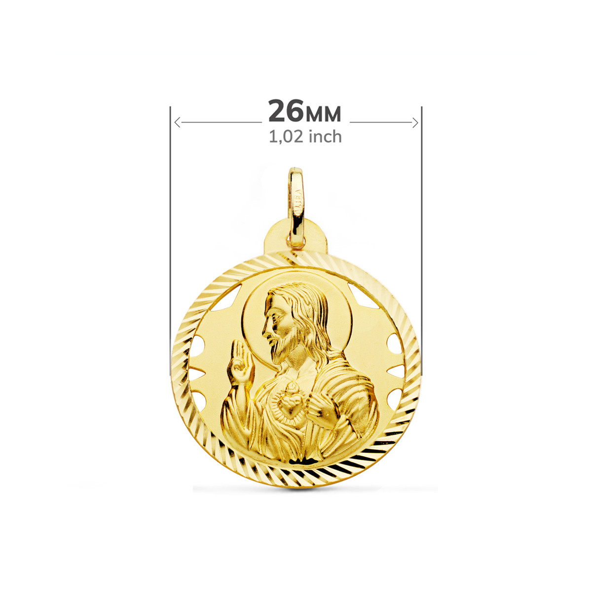 18K ESCAPULARIO ORO AMARILLO HELICE CALADO VIRGEN CARMEN Y CORAZON DE JESUS 26 MM