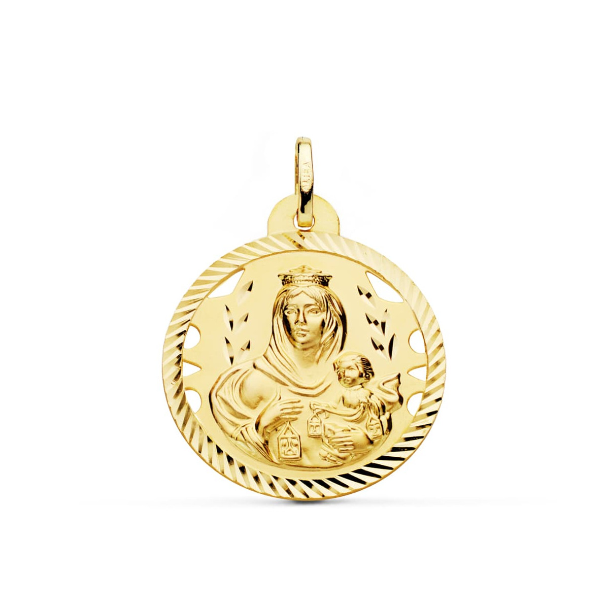 18K ESCAPULARIO ORO AMARILLO HELICE CALADO VIRGEN CARMEN Y CORAZON DE JESUS 26 MM