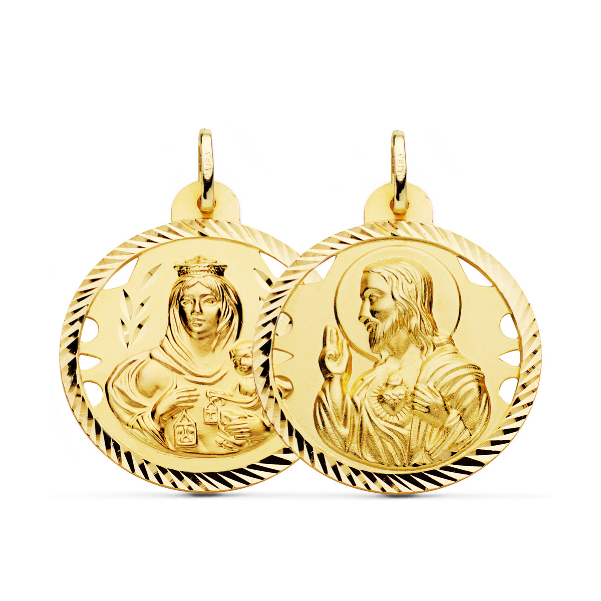 18K ESCAPULARIO ORO AMARILLO HELICE CALADO VIRGEN CARMEN Y CORAZON DE JESUS 30 MM