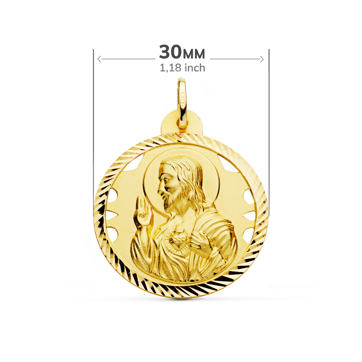 18K ESCAPULARIO ORO AMARILLO HELICE CALADO VIRGEN CARMEN Y CORAZON DE JESUS 30 MM