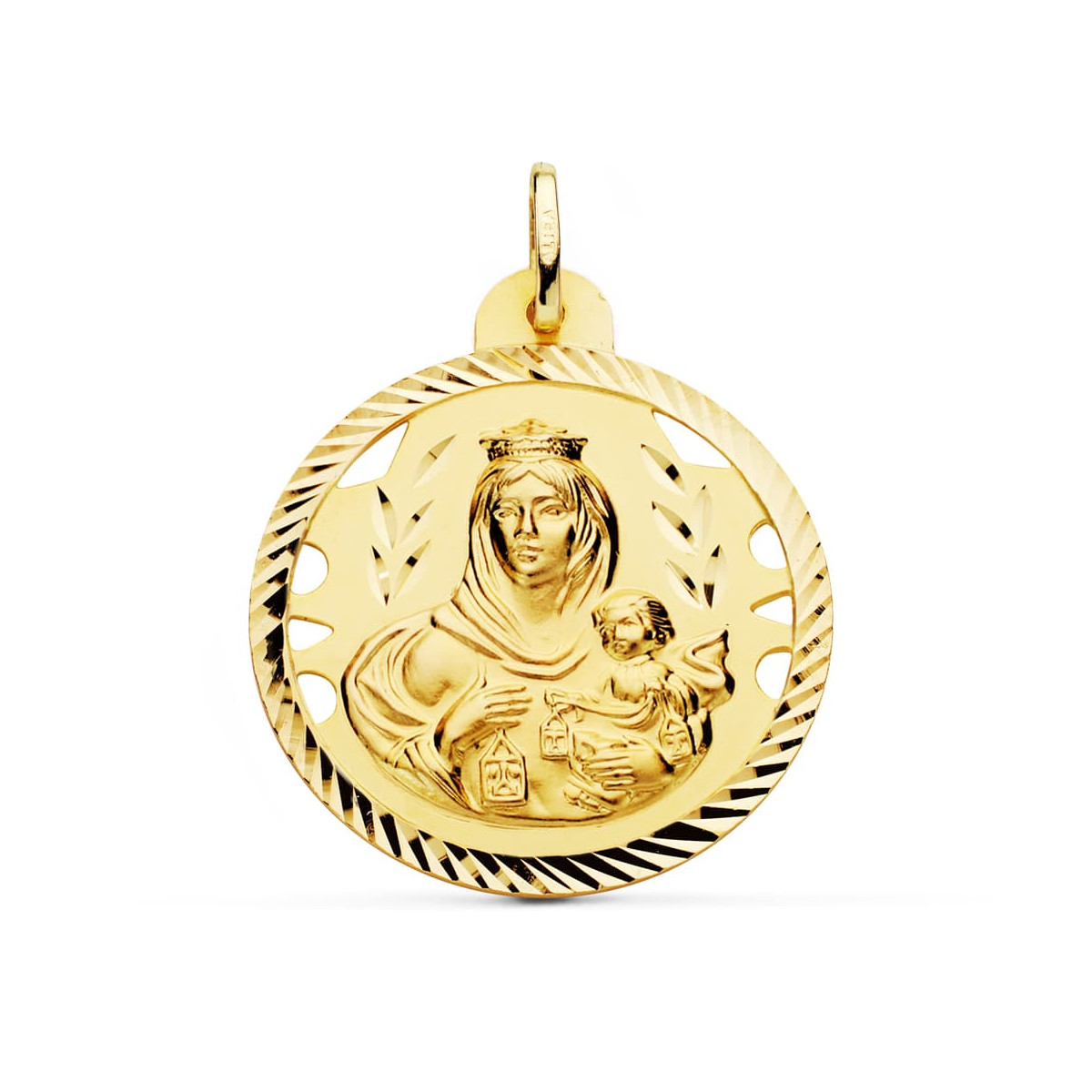 18K ESCAPULARIO ORO AMARILLO HELICE CALADO VIRGEN CARMEN Y CORAZON DE JESUS 30 MM