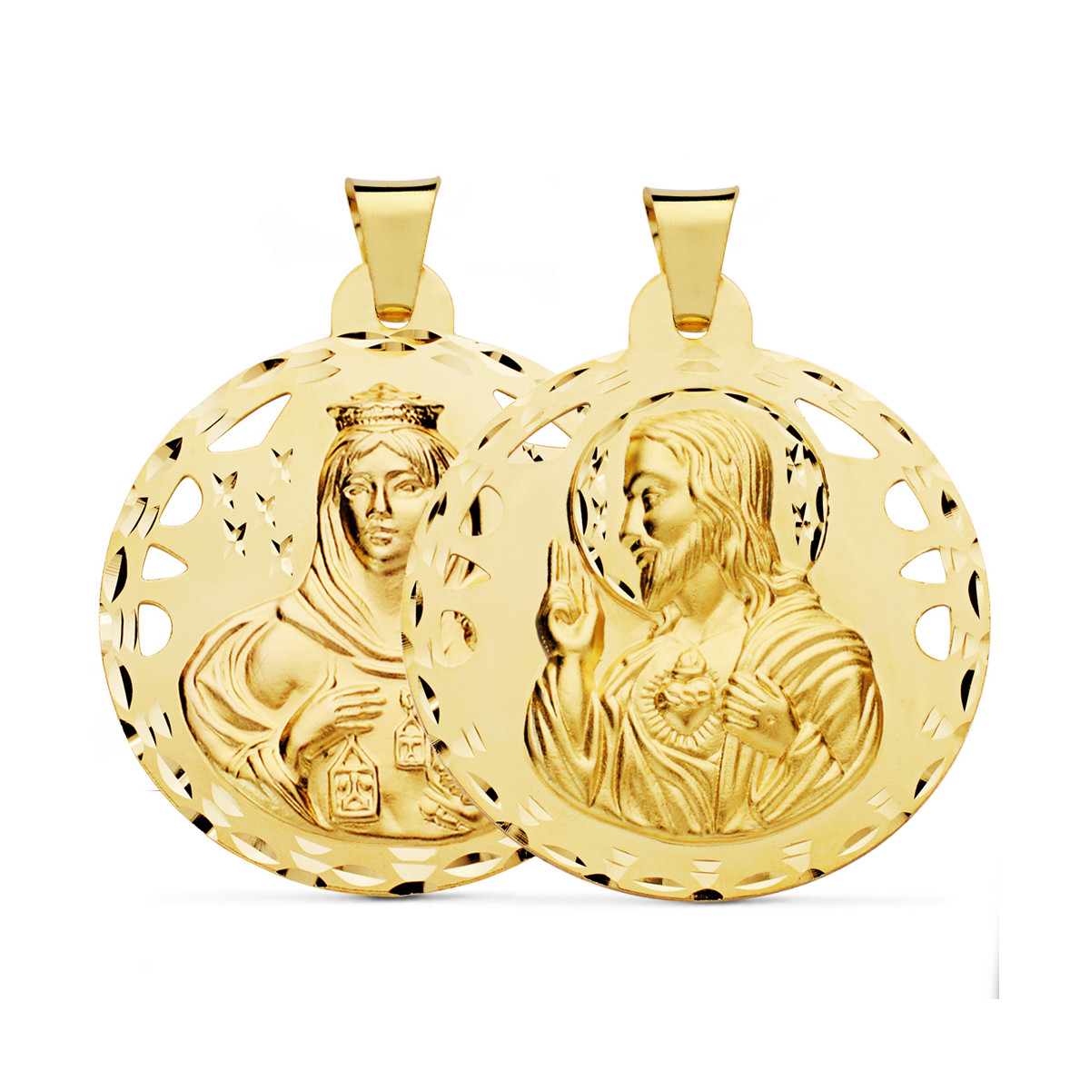 18K ESCAPULARIO ORO AMARILLO CALADO TALLADO ORO AMARILLO VIRGEN CARMEN Y CORAZON DE JESUS 42 MM