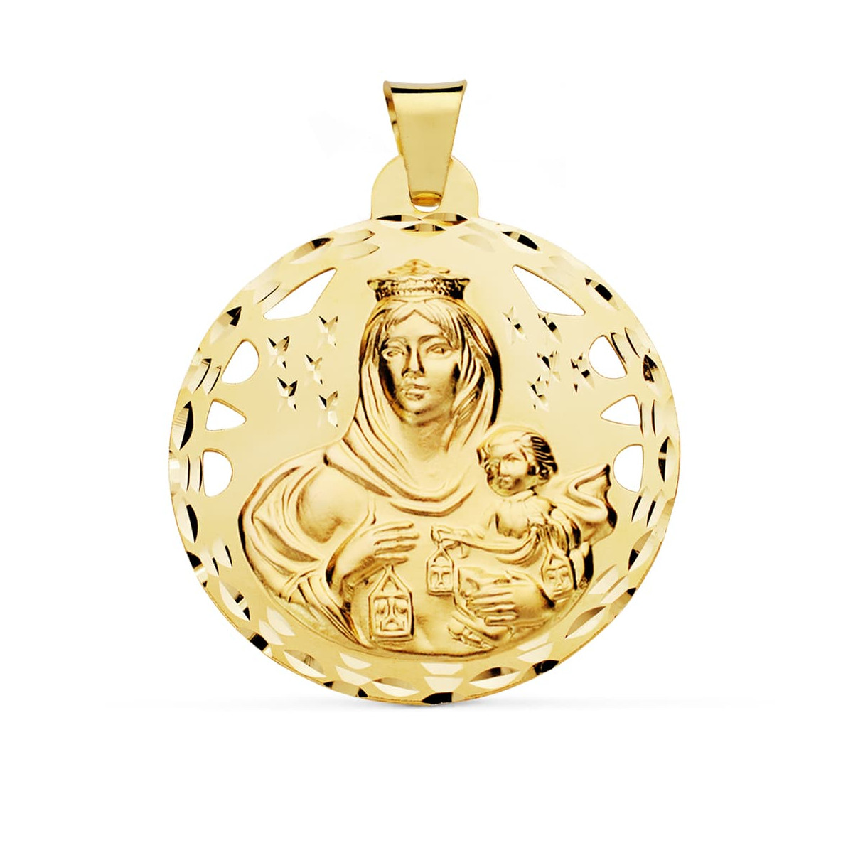 18K ESCAPULARIO ORO AMARILLO CALADO TALLADO ORO AMARILLO VIRGEN CARMEN Y CORAZON DE JESUS 42 MM