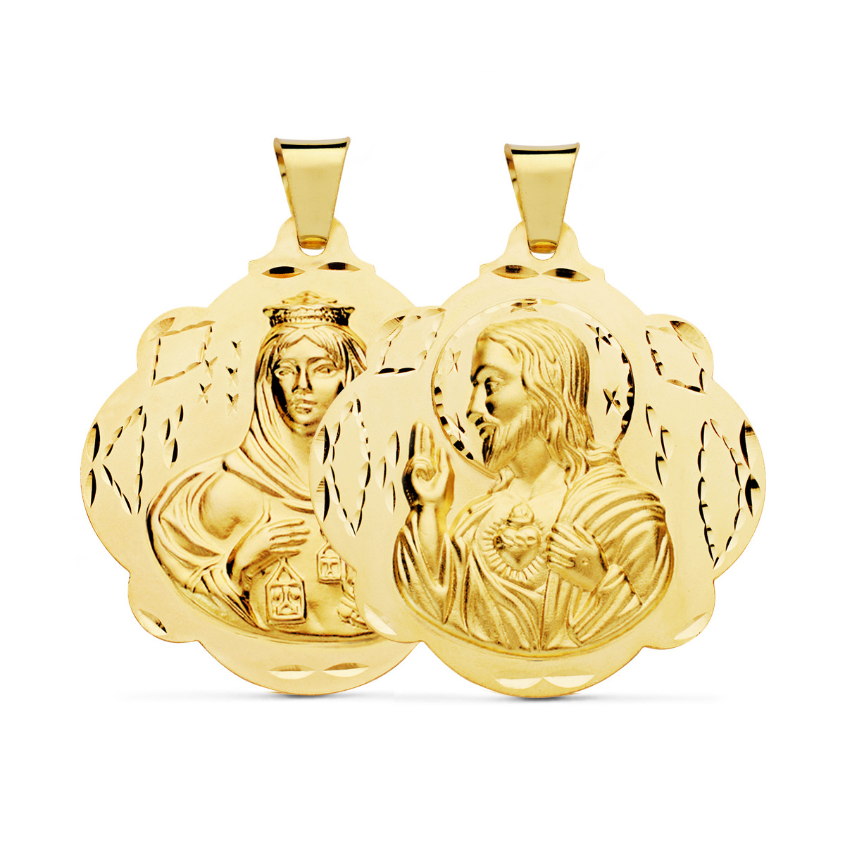 18K ESCAPULARIO ORO AMARILLO PANDERETA VIRGEN DEL CARMEN Y CORAZON DE JESUS 42 MM