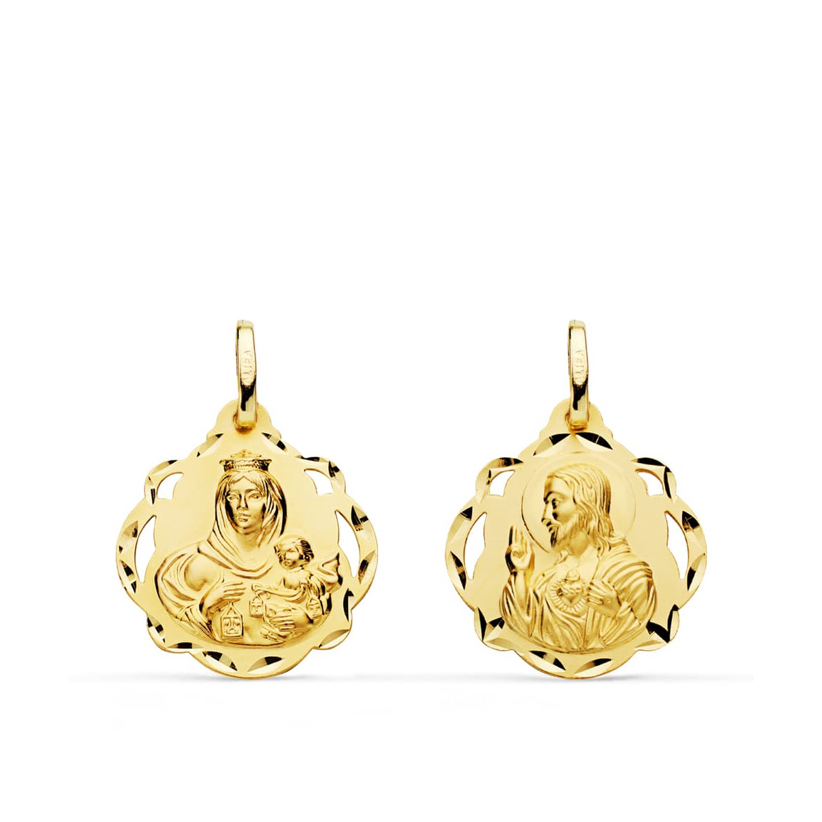18K ESCAPULARIO ORO AMARILLO PANDERETA VIRGEN DEL CARMEN Y CORAZON DE JESUS 20 MM