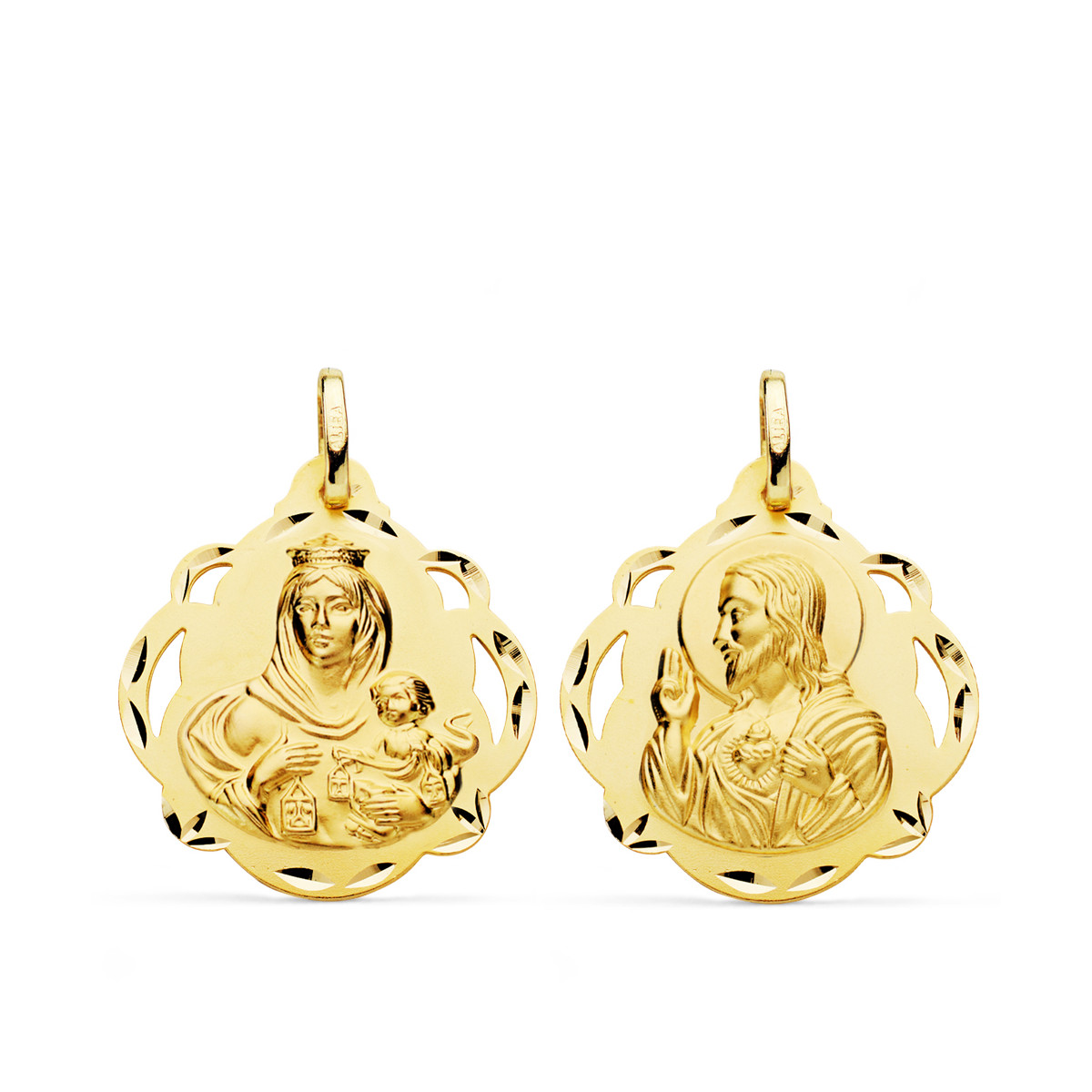 18K ESCAPULARIO ORO AMARILLO VIRGEN DEL CARMEN Y CORAZON DE JESUS PANDERETA CALADA 24 MM