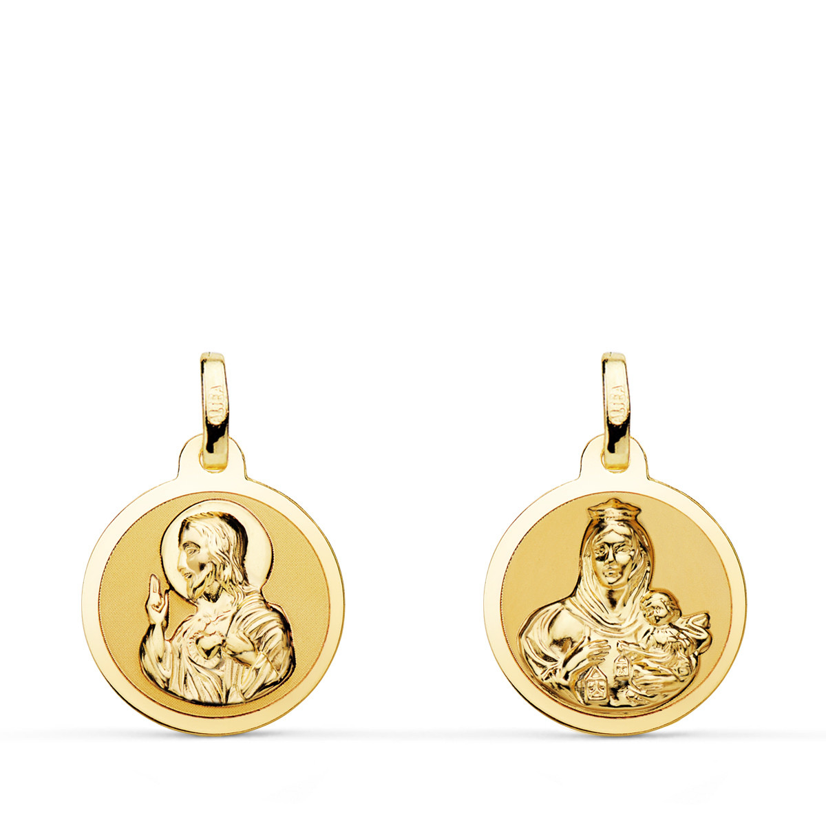 18K ESCAPULARIO ORO AMARILLO ORO AMARILLO BRILLO VIRGEN DEL CARMEN Y CORAZON DE JESUS 14 MM