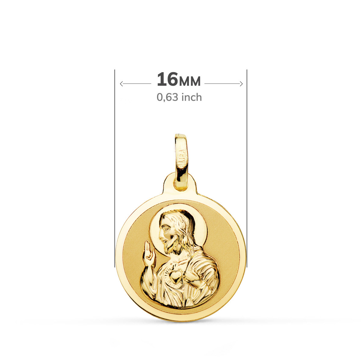 18K ESCAPULARIO ORO AMARILLO ORO AMARILLO BRILLO VIRGEN DEL CARMEN Y CORAZON DE JESUS 16 MM