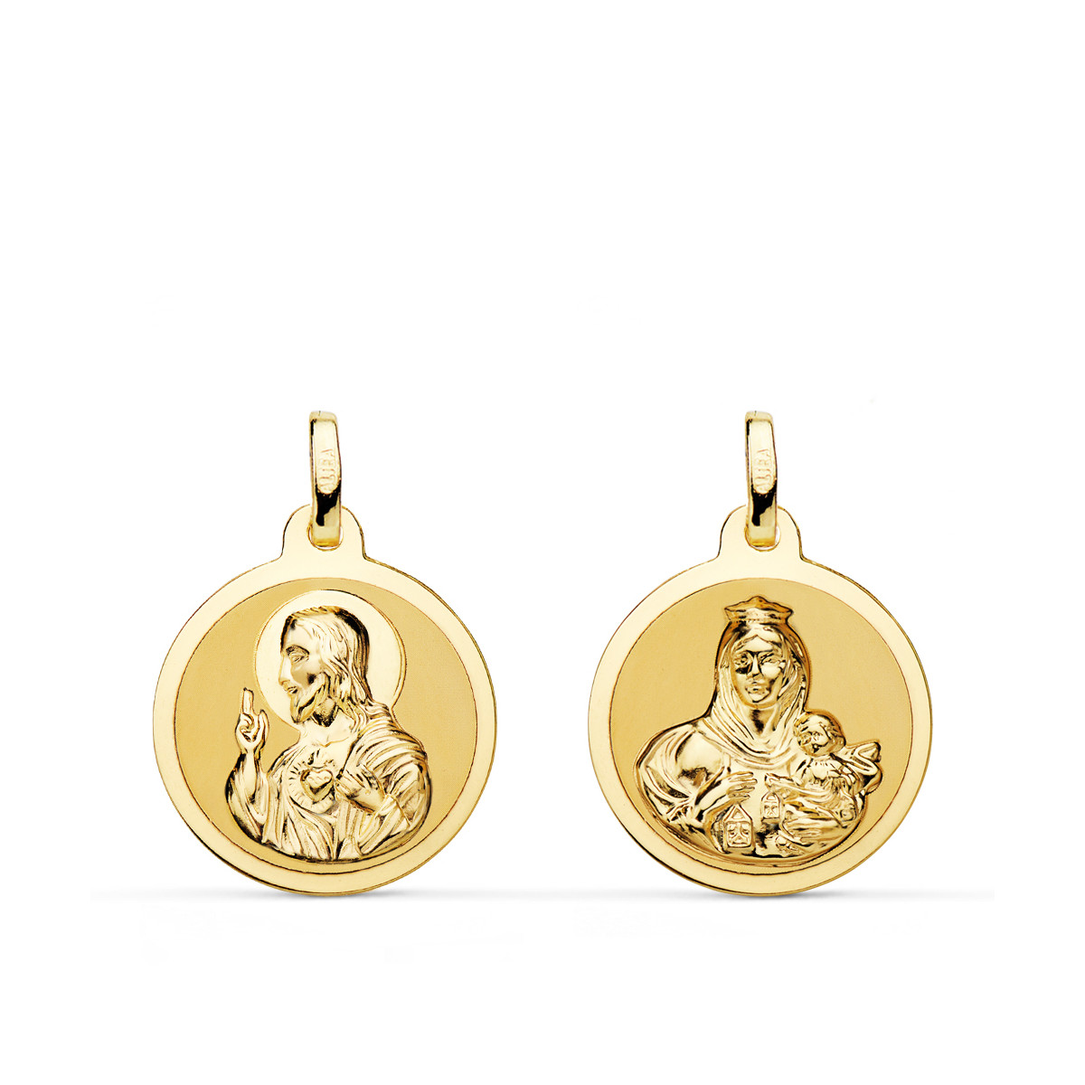 18K ESCAPULARIO ORO AMARILLO ORO AMARILLO BRILLO VIRGEN DEL CARMEN Y CORAZON DE JESUS 18 MM