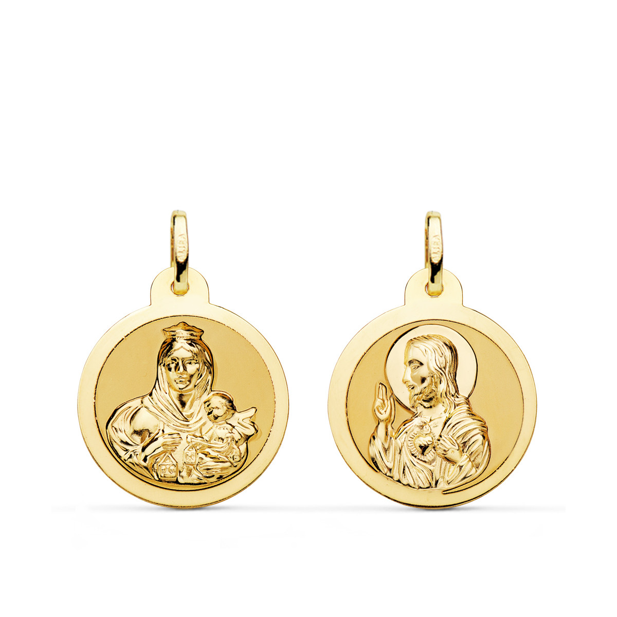 18K ESCAPULARIO ORO AMARILLO ORO AMARILLO BRILLO VIRGEN DEL CARMEN Y CORAZON DE JESUS 20 MM