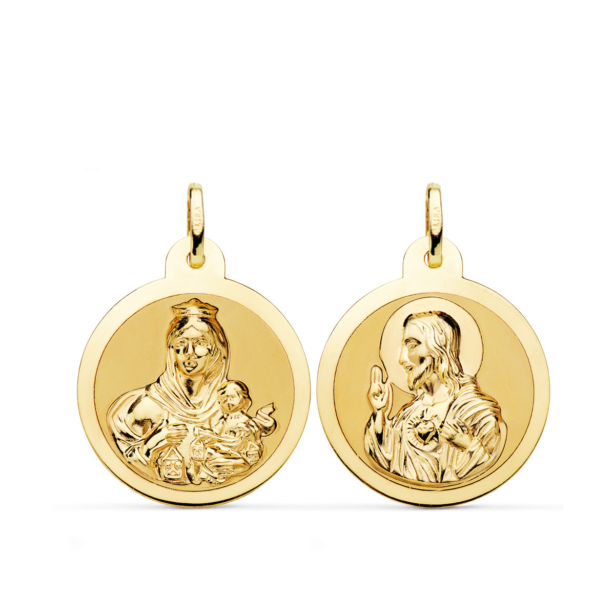 18K ESCAPULARIO ORO AMARILLO ORO AMARILLO BRILLO VIRGEN DEL CARMEN CORAZON JESUS 24 MM