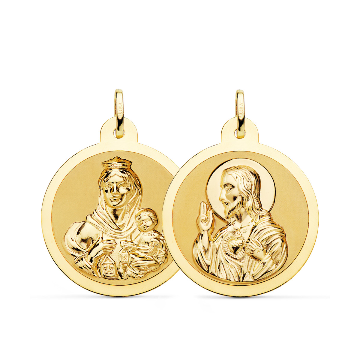 18K ESCAPULARIO ORO AMARILLO ORO AMARILLO BRILLO VIRGEN DEL CARMEN Y CORAZON DE JESUS 28 MM