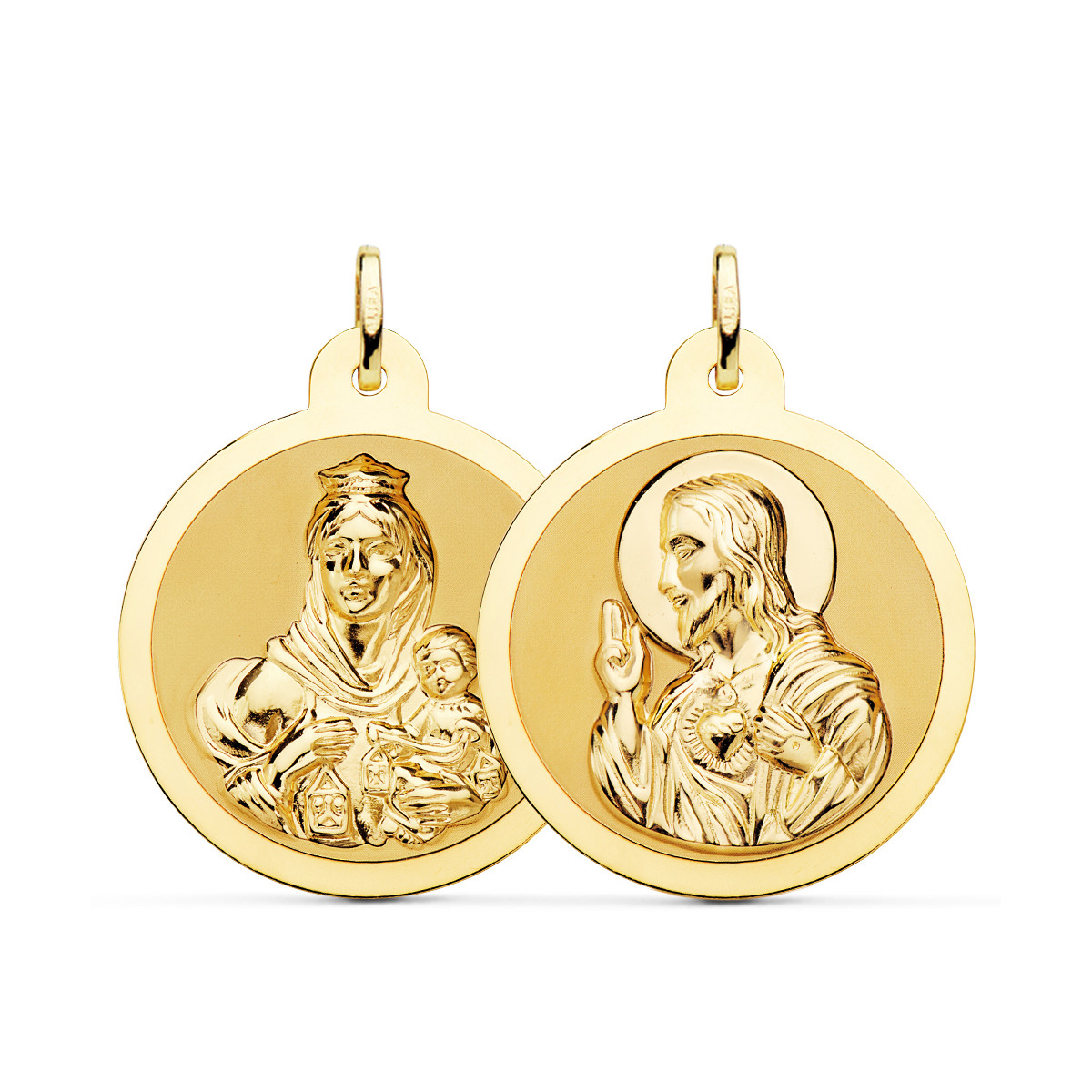 18K ESCAPULARIO ORO AMARILLO ORO AMARILLO BRILLO VIRGEN DEL CARMEN Y CORAZON DE JESUS 30 MM