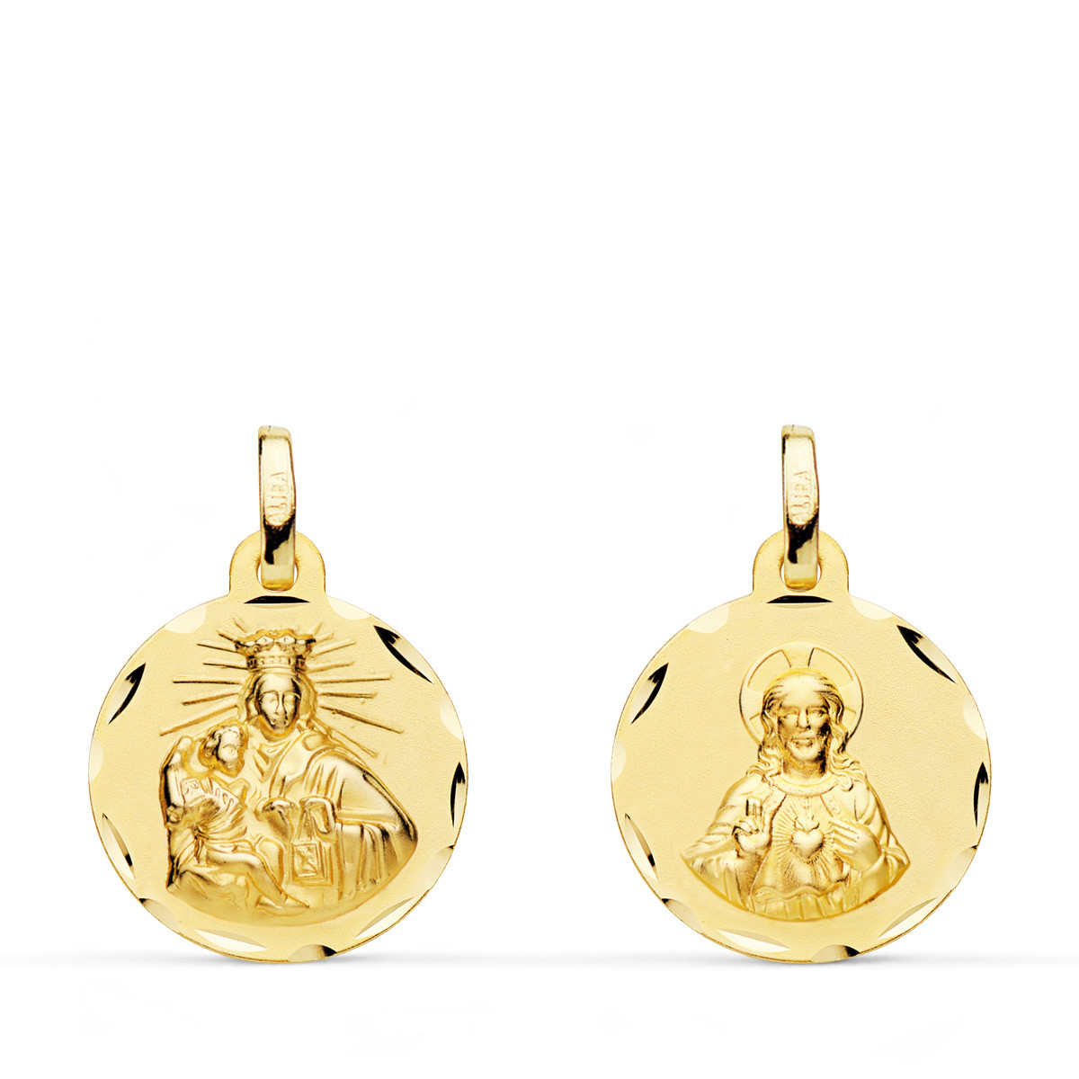 18K ESCAPULARIO ORO AMARILLO CORAZON DE JESUS Y VIRGEN DEL CARMEN ORO AMARILLO TALLADO 16 MM