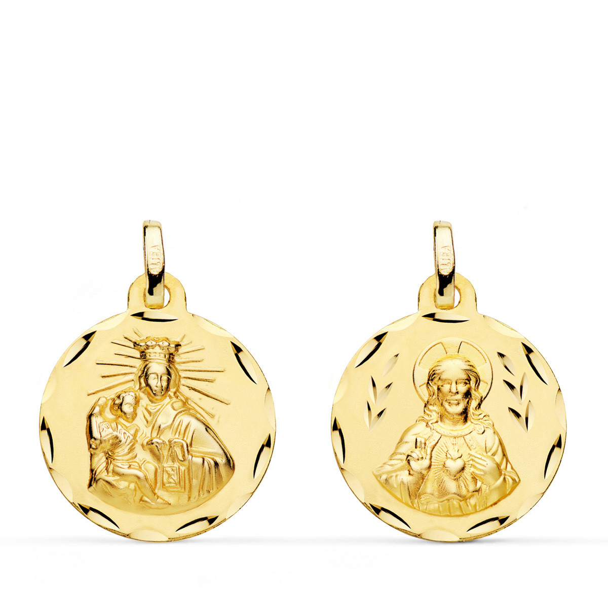 18K ESCAPULARIO ORO AMARILLO CORAZON DE JESUS Y VIRGEN DEL CARMEN TALLADO ORO AMARILLO 18 MM
