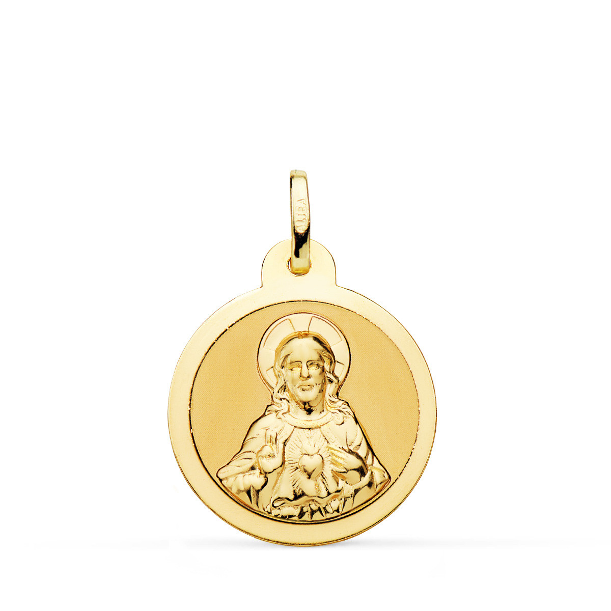 18K ESCAPULARIO ORO AMARILLO VIRGEN DEL CARMEN Y CORAZON DE JESUS EN BRILLO 20 MM