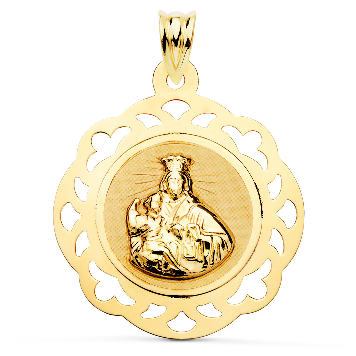 18K ESCAPULARIO ORO AMARILLO VIRGEN DEL CARMEN Y CORAZON DE JESUS CALADO BRILLO 31 X 27 MM