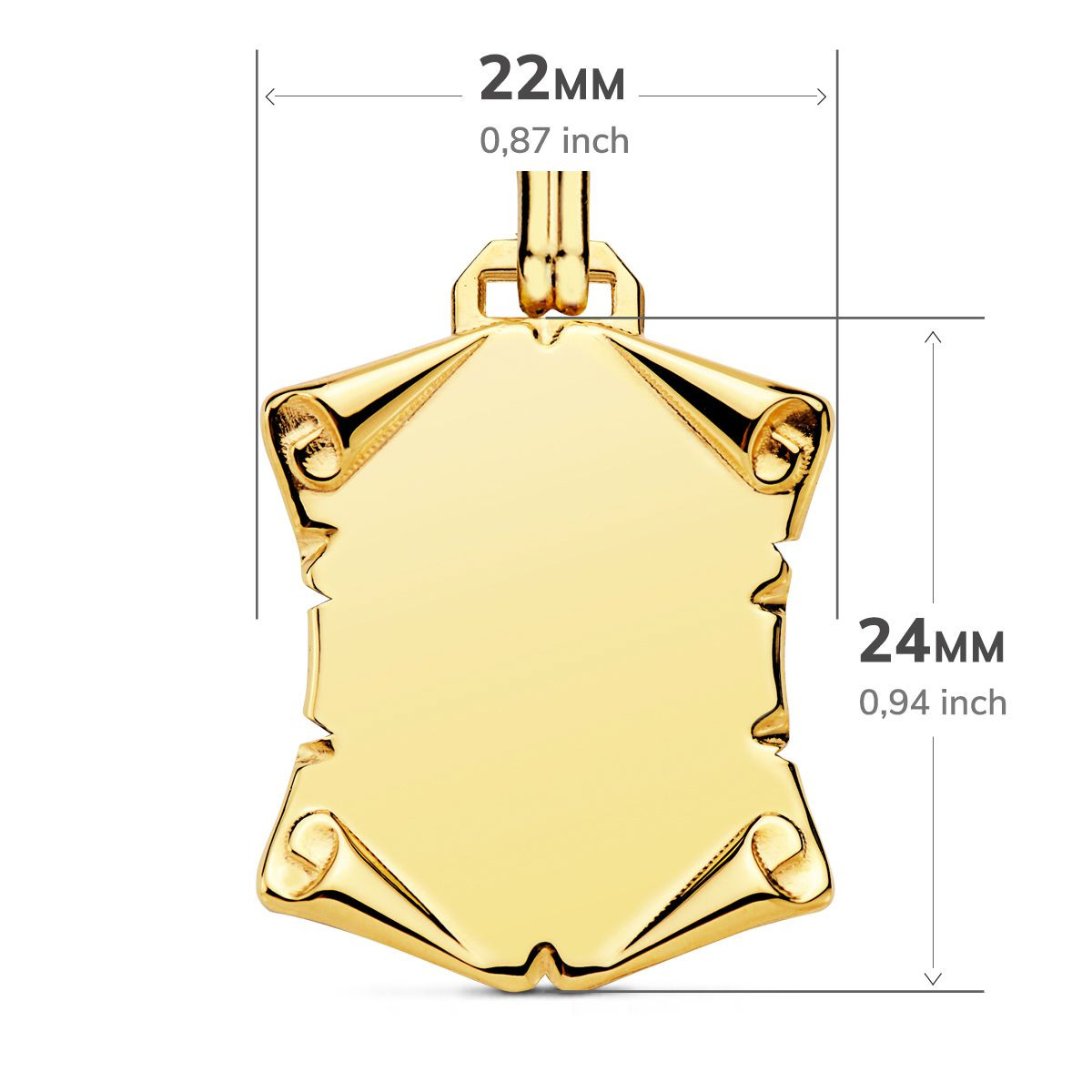18K PLACA CHAPA COLGANTE PERGAMINO ORO AMARILLO LISO BRILLO PAPIRO. 24X22 MM