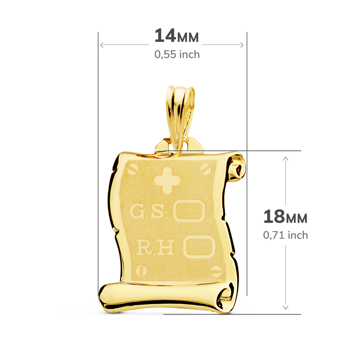 18K PLACA CHAPA COLGANTE PERGAMINO ORO AMARILLO BRILLO GRUPO SANGUINEO   RH MATE 18X14 MM