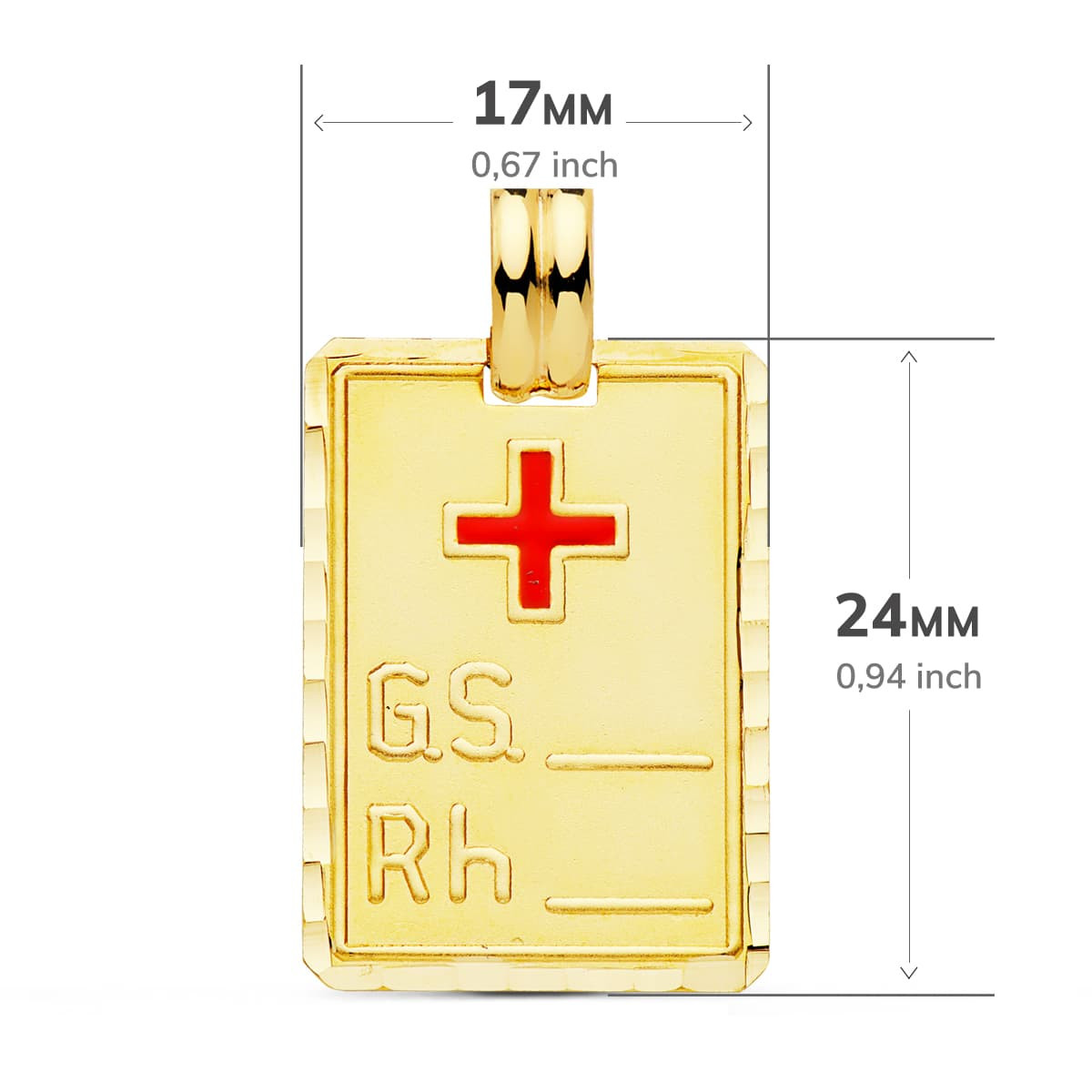 18K COLGANTE ORO AMARILLO PLACA CHAPA GRUPO SANGUINEO RH GRANDE 24X17 MM