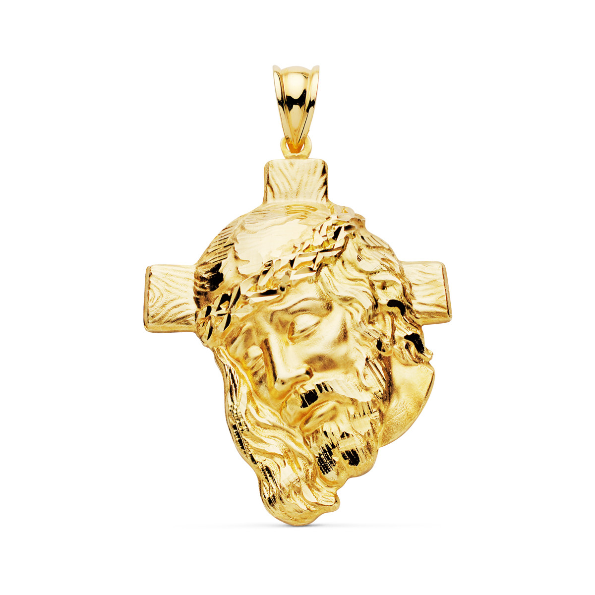 18K COLGANTE ORO AMARILLO CABEZA DE CRISTO  CON CRUZ TALLADA 40X30 MM