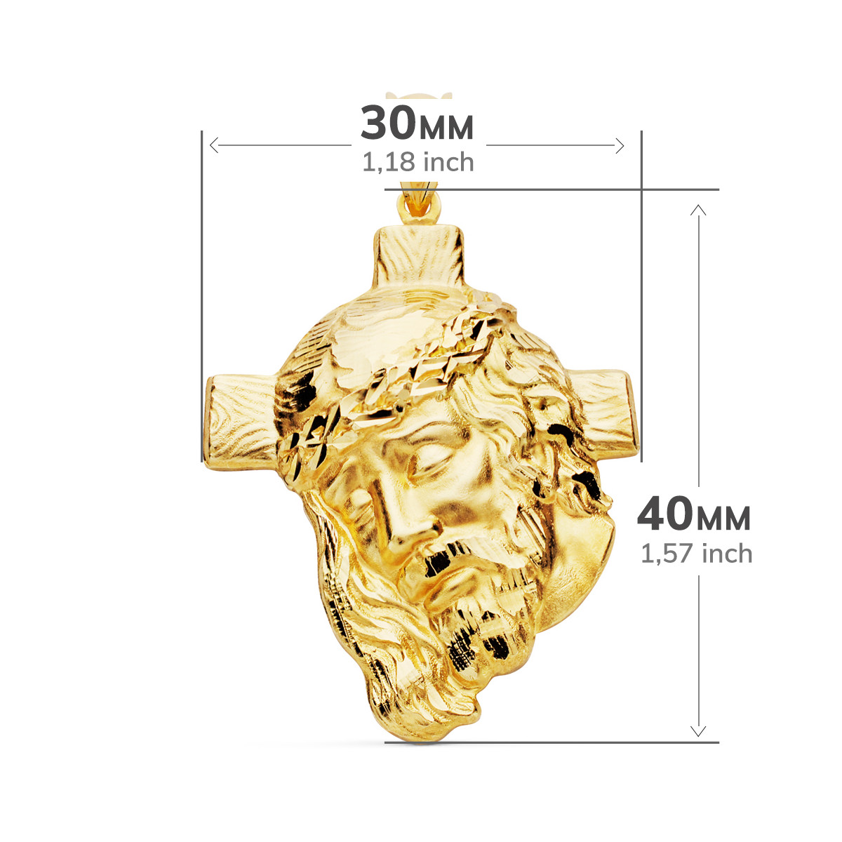 18K COLGANTE ORO AMARILLO CABEZA DE CRISTO  CON CRUZ TALLADA 40X30 MM