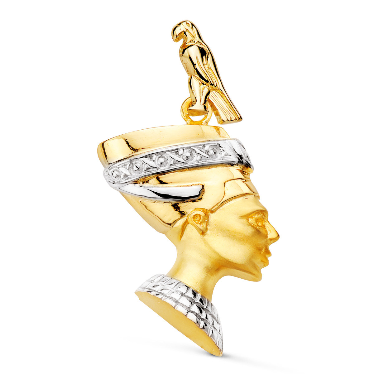 18K COLGANTE EGIPCIO ORO BICOLOR NEFERTITI PERFIL EN BRILLO 30X26 MM