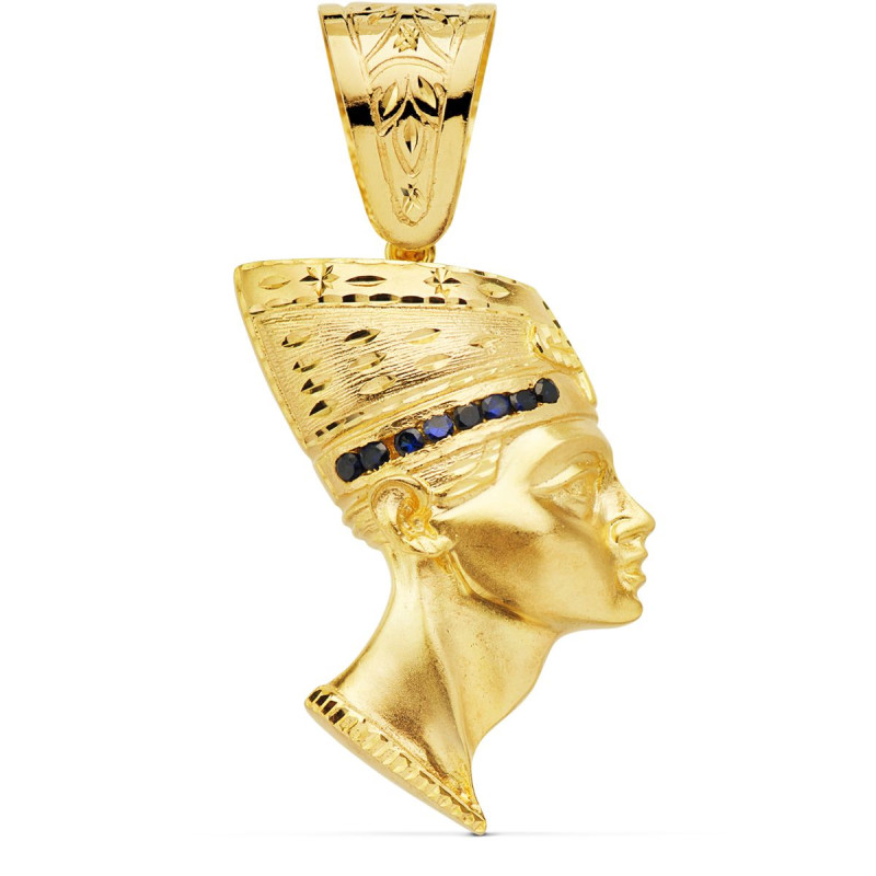 18K COLGANTE EGIPCIO ESFINGE NEFERTITI GIGANTE CON CIRCONITA AZULES ORO AMARILLO. 50 X 35 MM