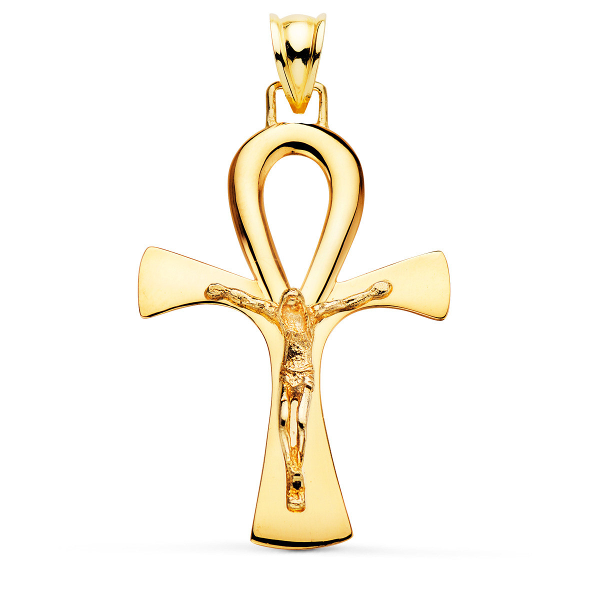 18K CRUZ DE LA VIDA EGIPCIA ORO AMARILLO CON CRISTO EN BRILLO 36 X 23 MM