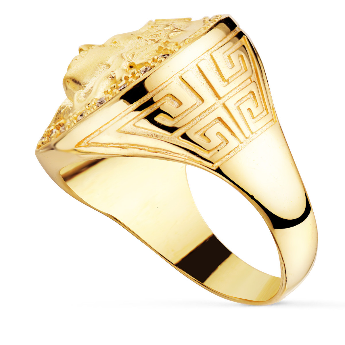 18K SELLO ORO AMARILLO MEDUSA CON CIRCONITA LATERAL GRECA ANCHO 19 MM