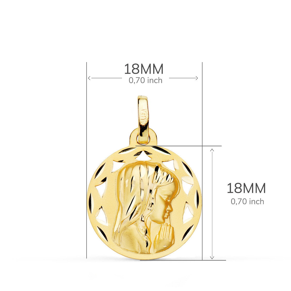 18K MEDALLA ORO AMARILLO CALADA VIRGEN NIÑA PERFIL TALLADA 18 MM