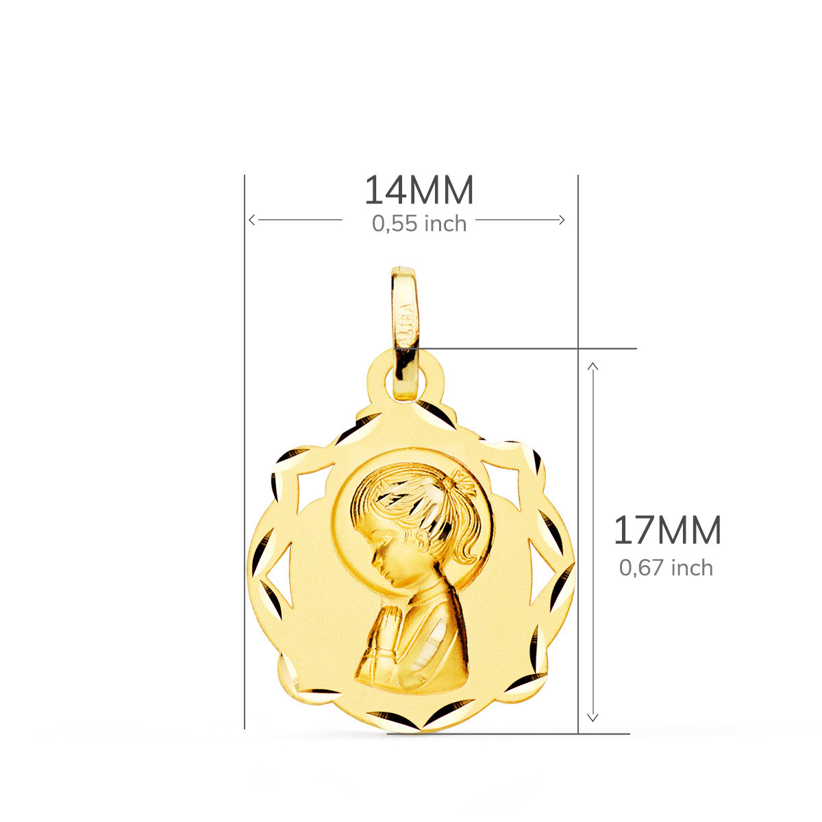 18K MEDALLA ORO AMARILLO CAPILLA VIRGEN NIÑA PERFIL MATIZADA 17X14 MM