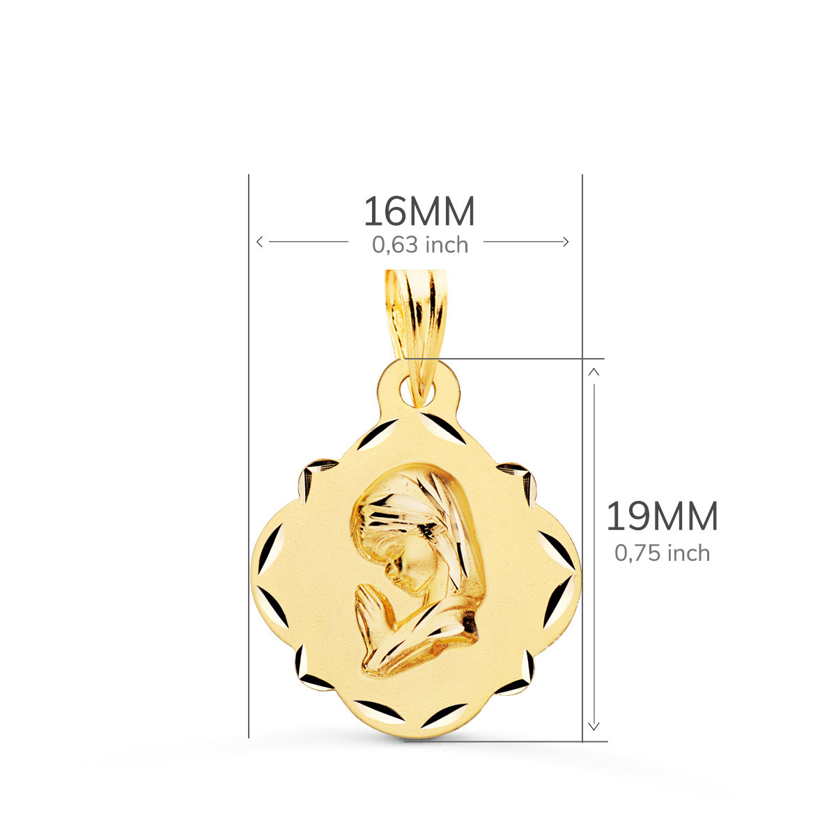 18K MEDALLA ORO AMARILLO VIRGEN NIÑA PERFIL PANDERETA TALLADA 19X16 MM
