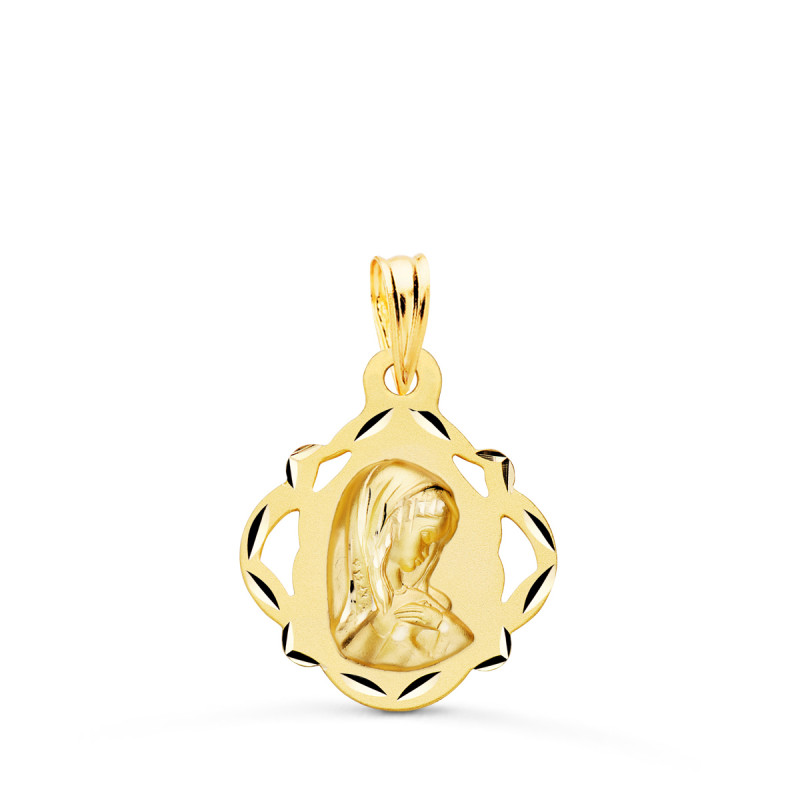 18K MEDALLA ORO AMARILLO VIRGEN NIÑA PANDERETA CALADA 19X16 MM