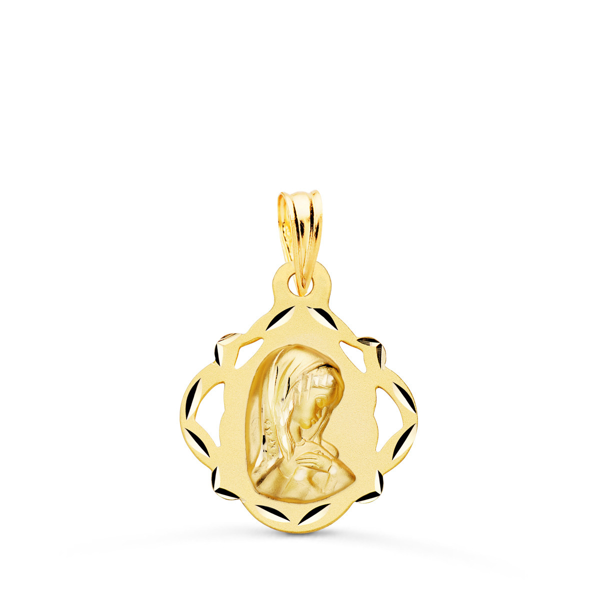 18K MEDALLA ORO AMARILLO VIRGEN NIÑA PANDERETA CALADA 19X16 MM