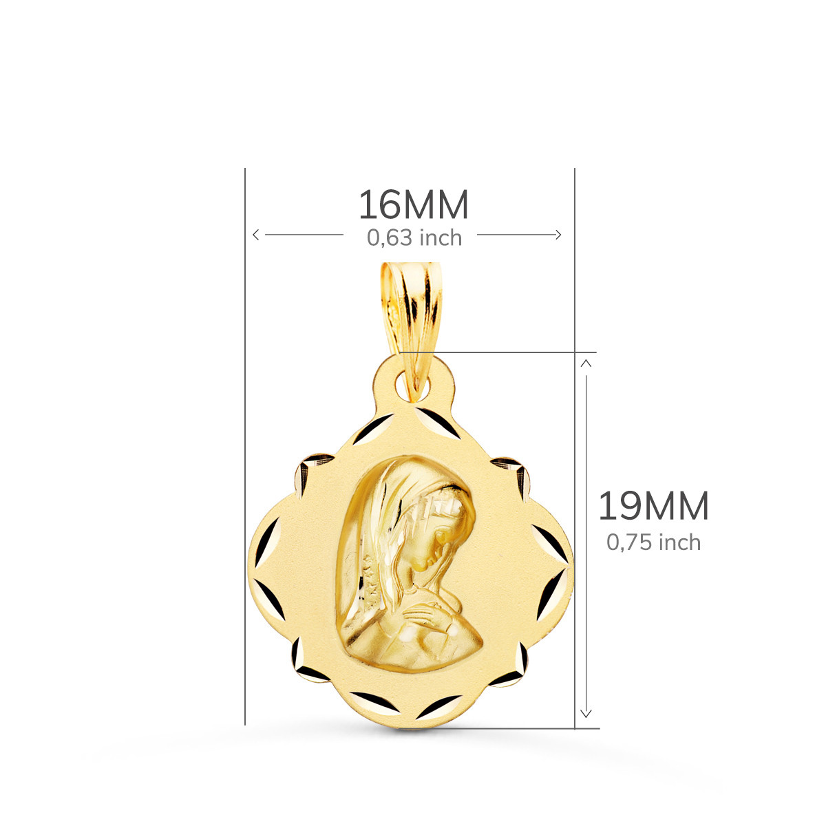 18K MEDALLA ORO AMARILLO VIRGEN NIÑA PANDERETA CALADA 19X16 MM