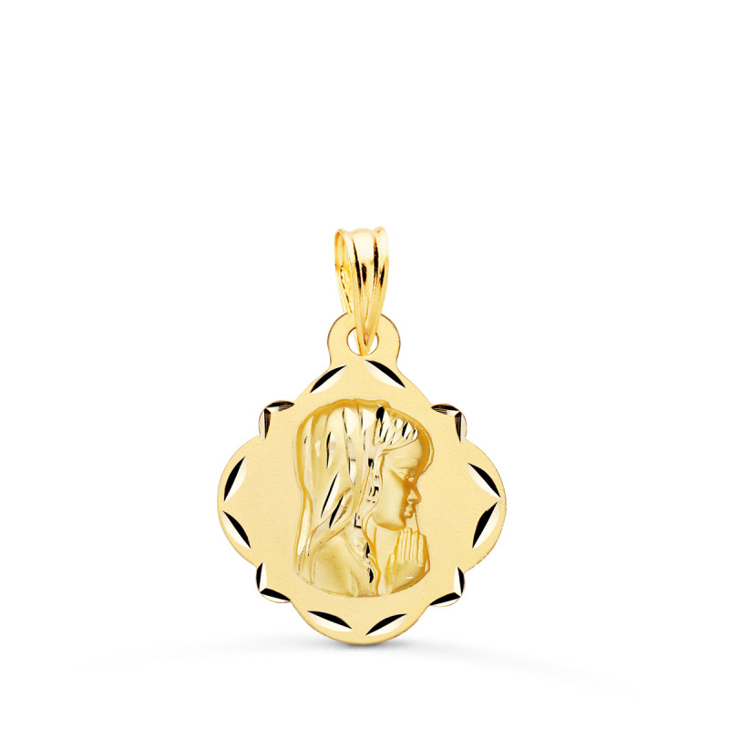 18K MEDALLA ORO AMARILLO VIRGEN NIÑA PERFIL PANDERETA TALLADA 19X16 MM