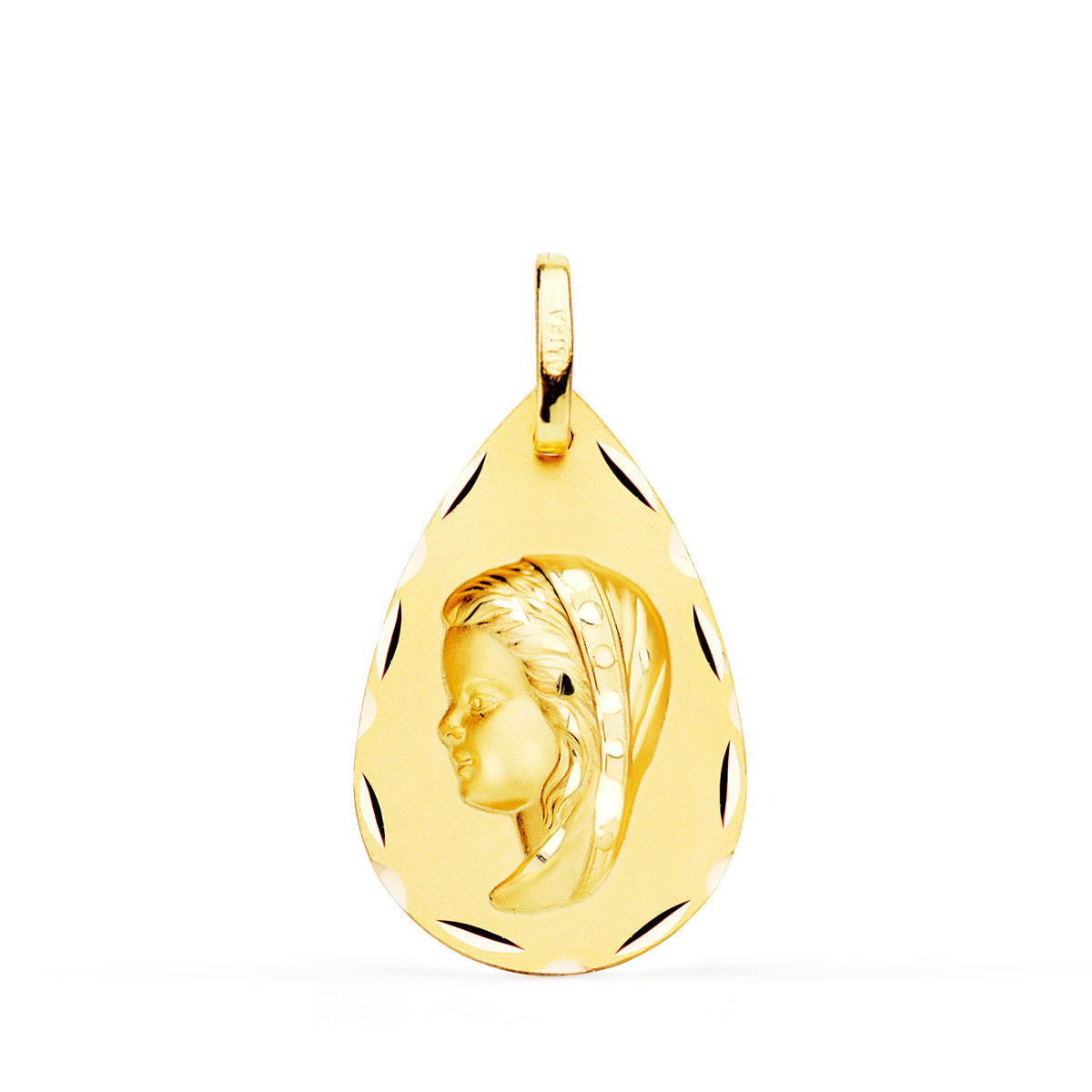18K MEDALLA ORO AMARILLO VIRGEN NIÑA GOTA TALLA CLASICA 23X15 MM