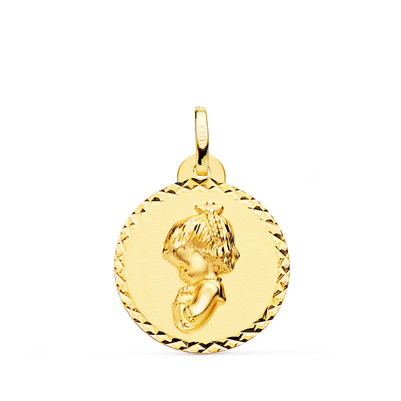 18K MEDALLA ORO AMARILLO VIRGEN NIÑA REZANDO TALLA CRUZADA 20 MM