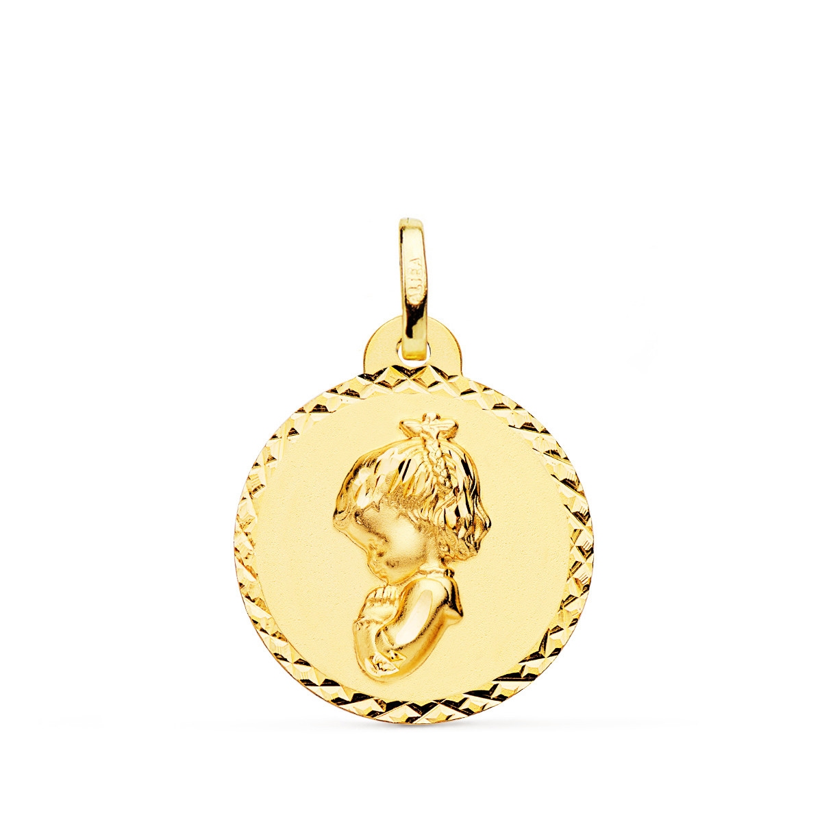 18K MEDALLA ORO AMARILLO VIRGEN NIÑA REZANDO TALLA CRUZADA 20 MM