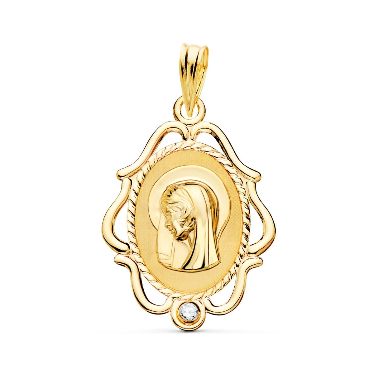 18K MEDALLA ORO AMARILLO VIRGEN NIÑA CERCO CALADO BRILLO CON CIRCONITA 24X17 MM