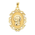 18K MEDALLA ORO AMARILLO VIRGEN NIÑA PERFIL CERCO CALADO BRILLO. 23 X 16 MM