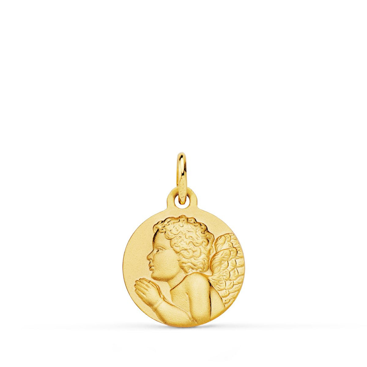 18K MEDALLA ORO AMARILLO ANGEL NIÑO PIADOSO REZANDO MATIZADO. 14 MM