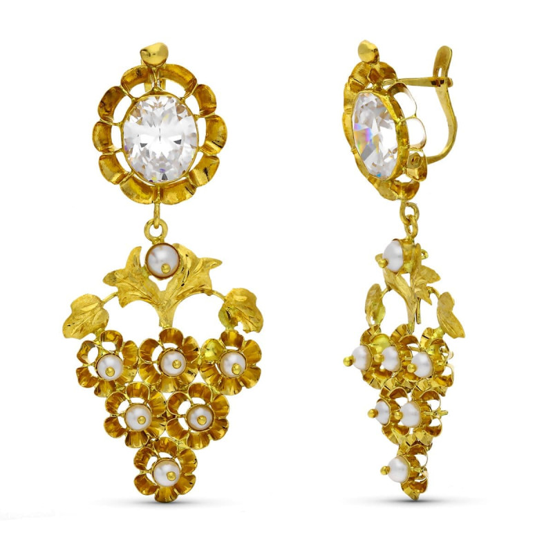 18K PENDIENTES ORO AMARILLO CUBANAS MANTILLA CIRCONITA Y PERLA TOTAL 50X22 MM CATALAN